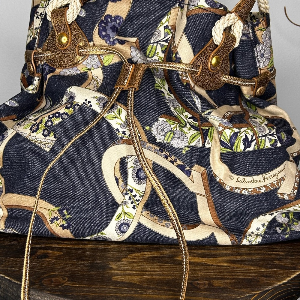 Salvatore Ferragamo Blue and Brown Gancini denim Women's Bag.
